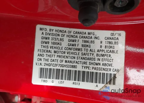 2016 Honda Civic Ex z USA, uszkodzony, nr VIN 2HGFC2F70GH533880